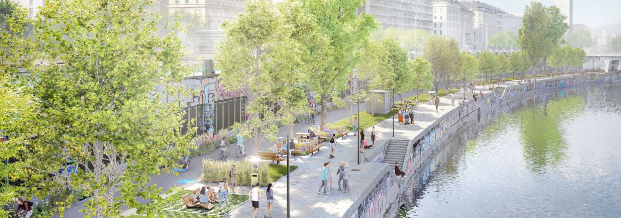 Rendering der neu gestalteten Donaukanalebene vor dem Schwedenplatz
